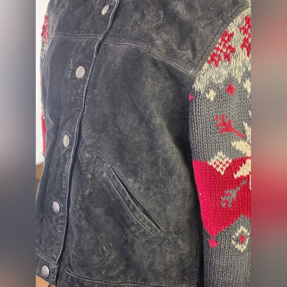 Coldwater Creek Suede Fair Isle Knit Jacket PXL Nordic Cottagecore Winter Coat - Picture 7 of 11